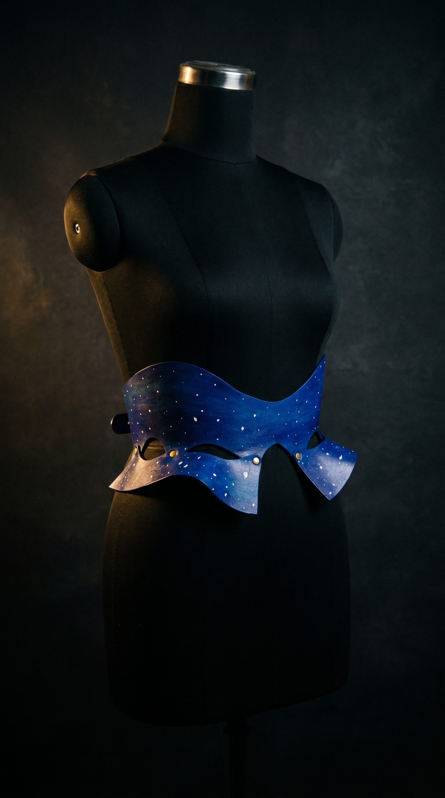 Bespoke Kalpana peplum corset in deep blue hand-painted leather with celestial stars design